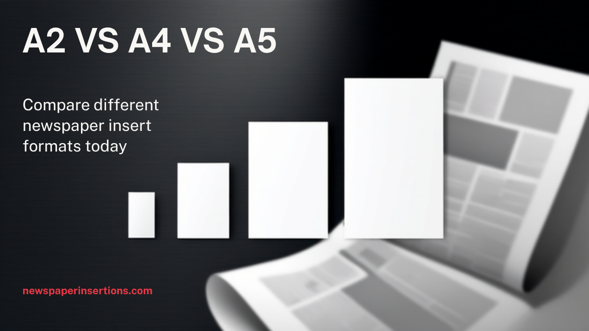 Dark banner reading A2 vs A4 vs A5 with three blank insert sheets in increasing sizes lined up beside an open newspaper