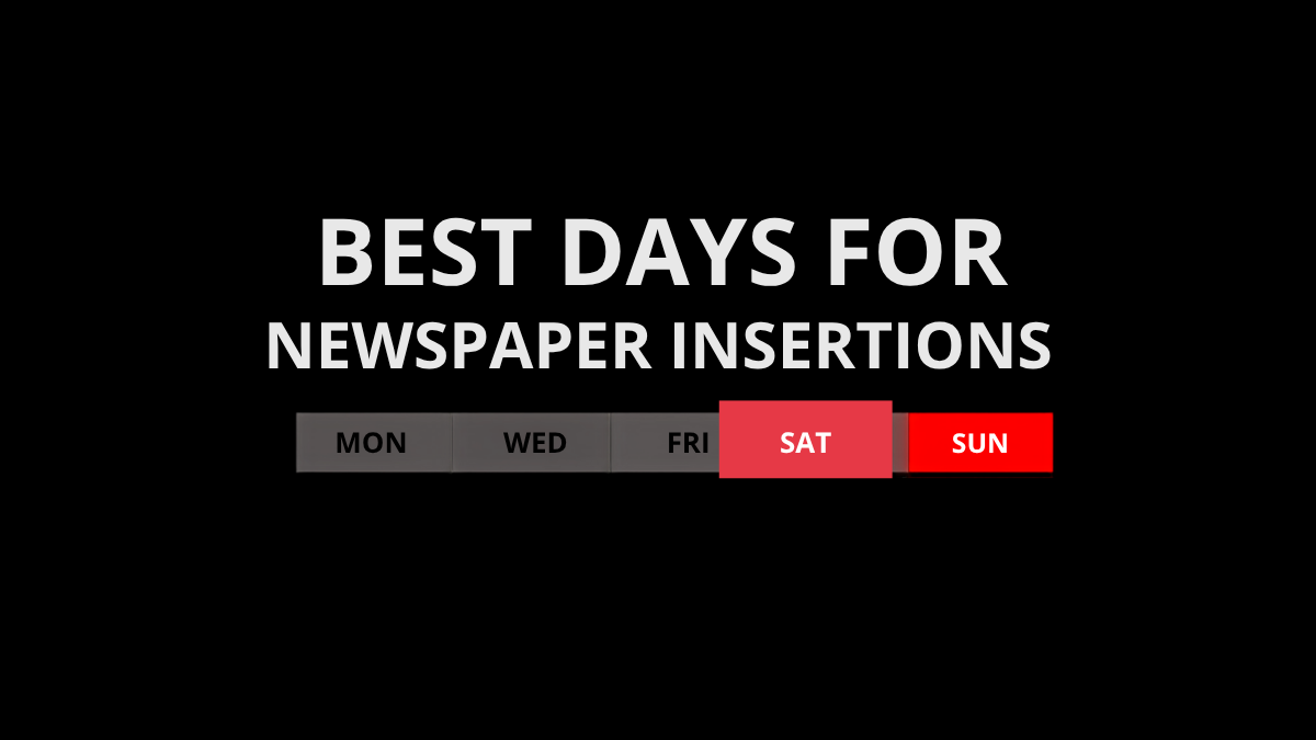Dark graphic reading Best Days for Newspaper Insertions above a strip of weekday labels, with MON, WED and FRI in grey and SAT and SUN highlighted in red