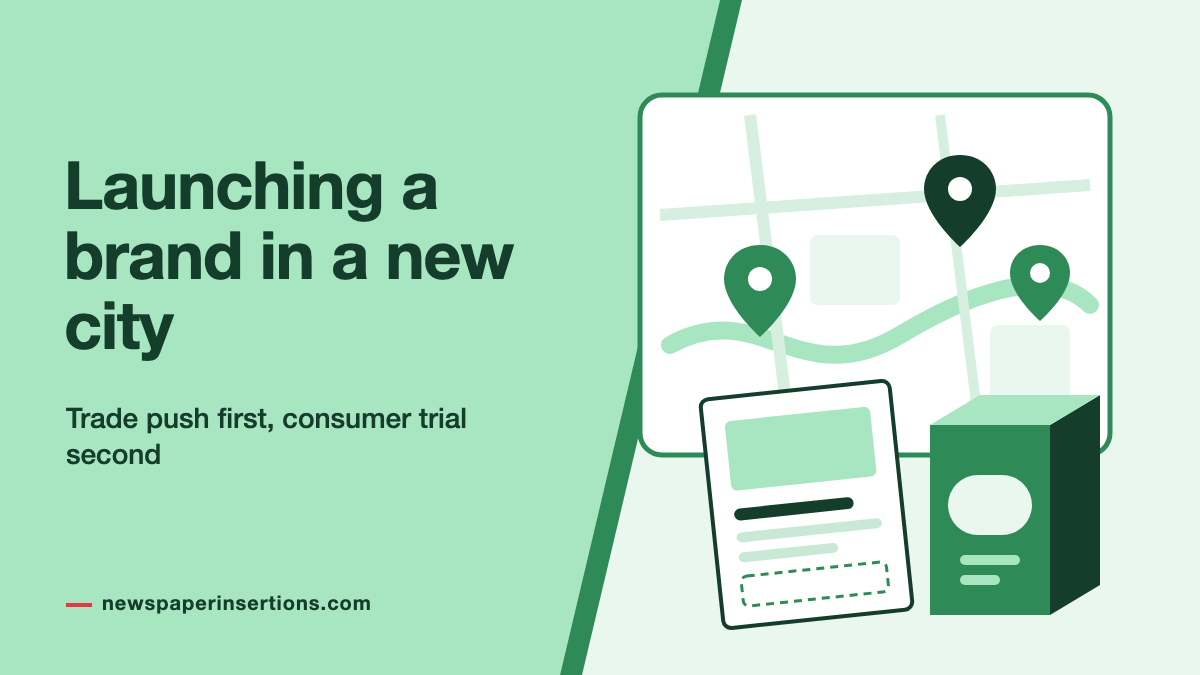 Illustration of a city map with pin code markers beside a product carton and an insert sheet, on a mint and green cover titled Launching a brand in a new city