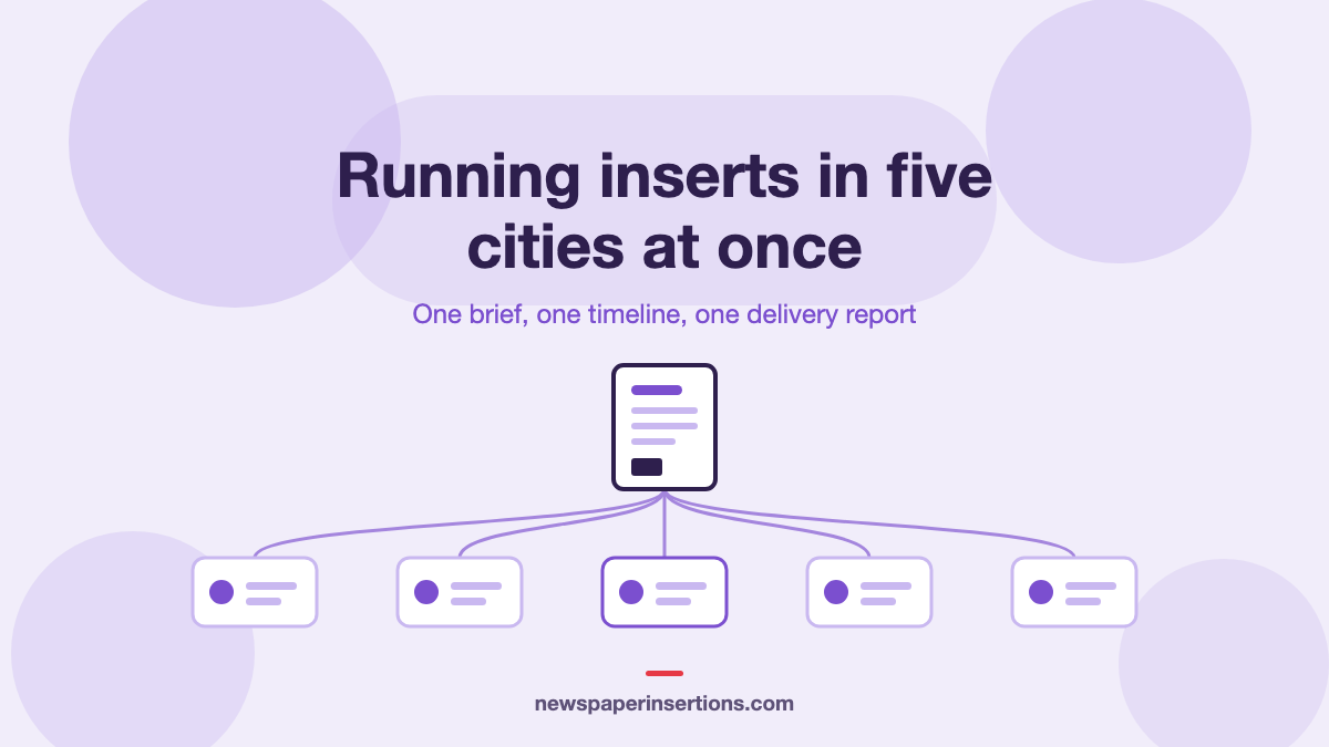 Illustration of one master insert artwork linked by lines to five city cards, with the title Running inserts in five cities at once