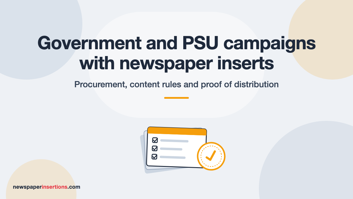 Illustration of a stack of scheme leaflets with a tick-mark checklist and a round official stamp, on a light slate and amber cover titled Government and PSU campaigns with newspaper inserts