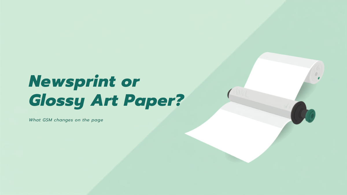 Illustration of a printing press roller with a white sheet of paper running through it on a mint green background, with the title Newsprint or Glossy Art Paper