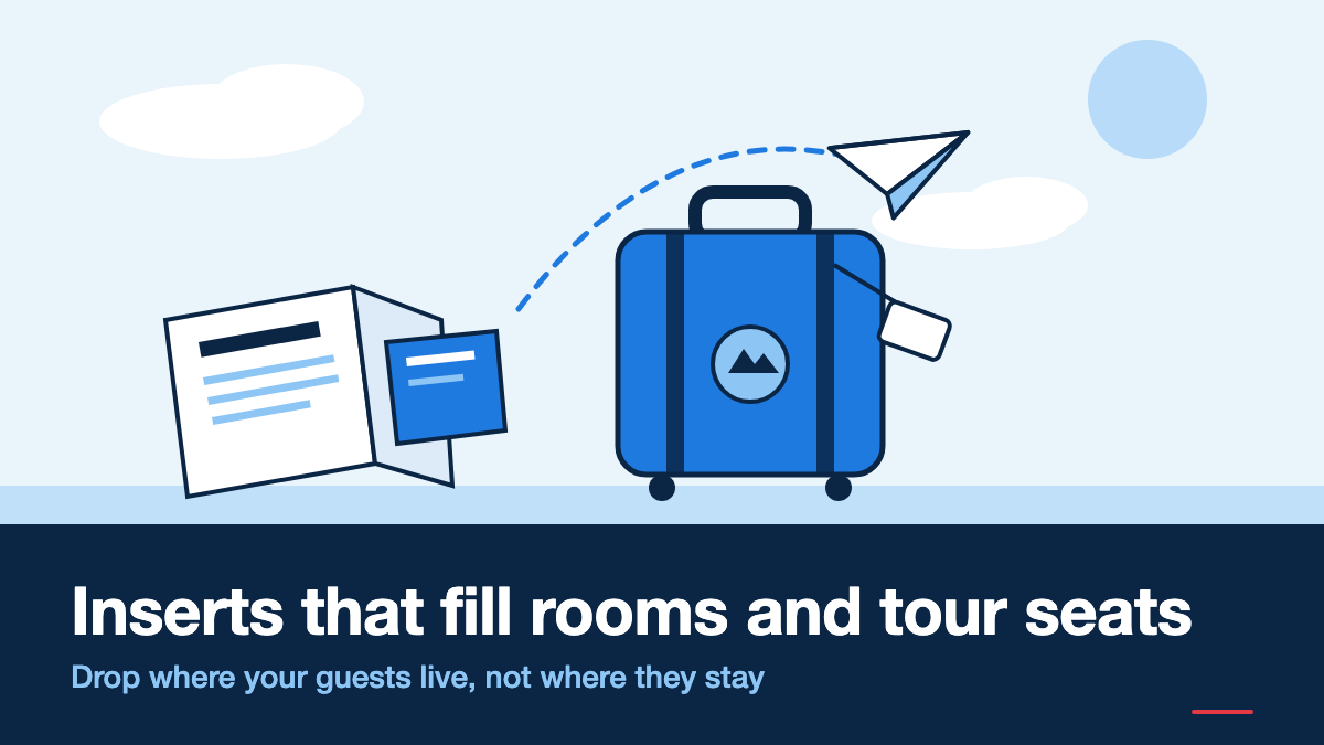 Illustration of a travel suitcase with a paper aeroplane flying from a folded newspaper, on a light sky blue and navy cover titled Inserts that fill rooms and tour seats