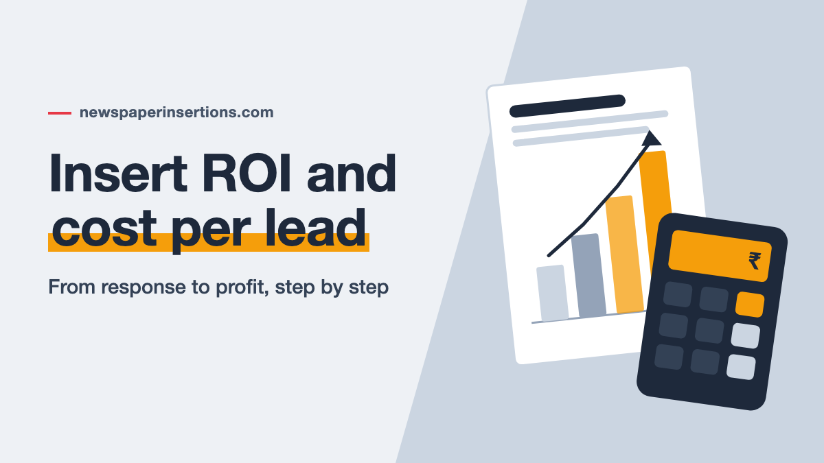 Illustration of a calculator beside a newspaper insert with a rising bar chart, on a light slate and amber cover titled Insert ROI and cost per lead