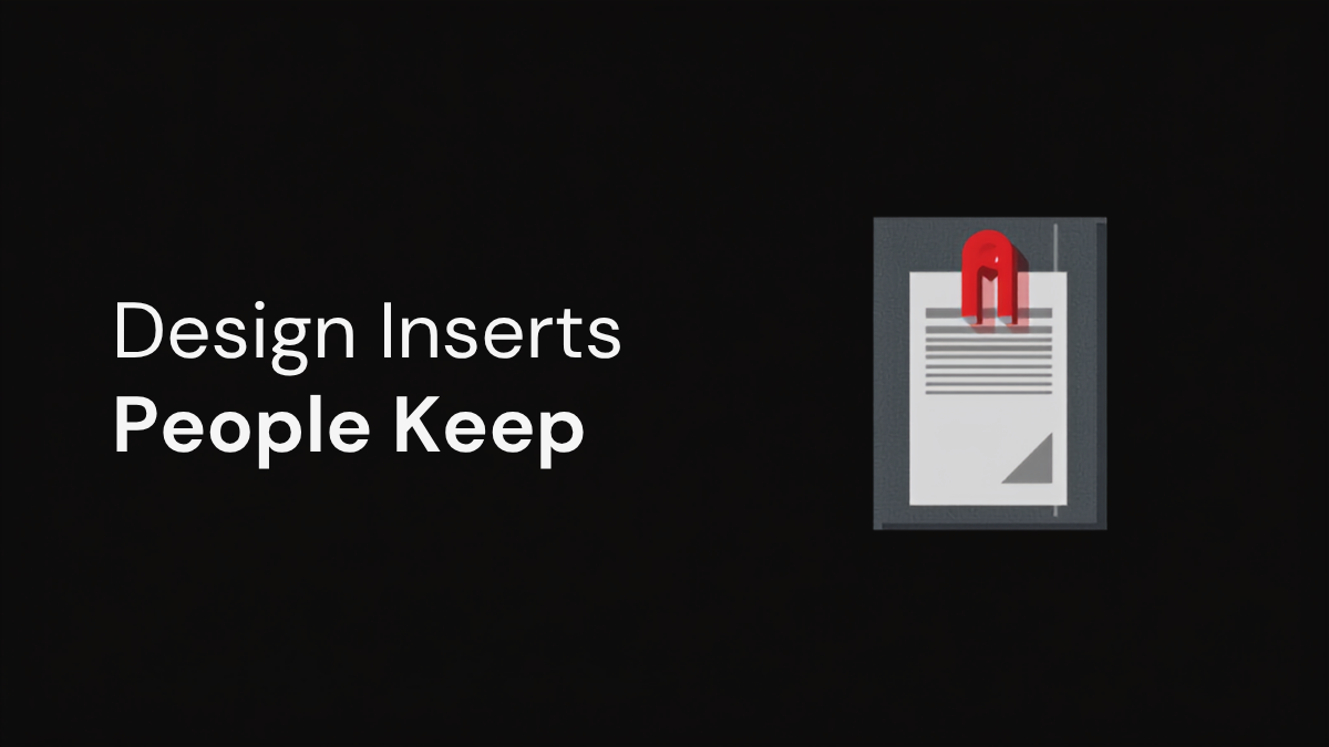 Dark banner reading Design Inserts People Keep beside a printed leaflet held to a surface by a red magnet
