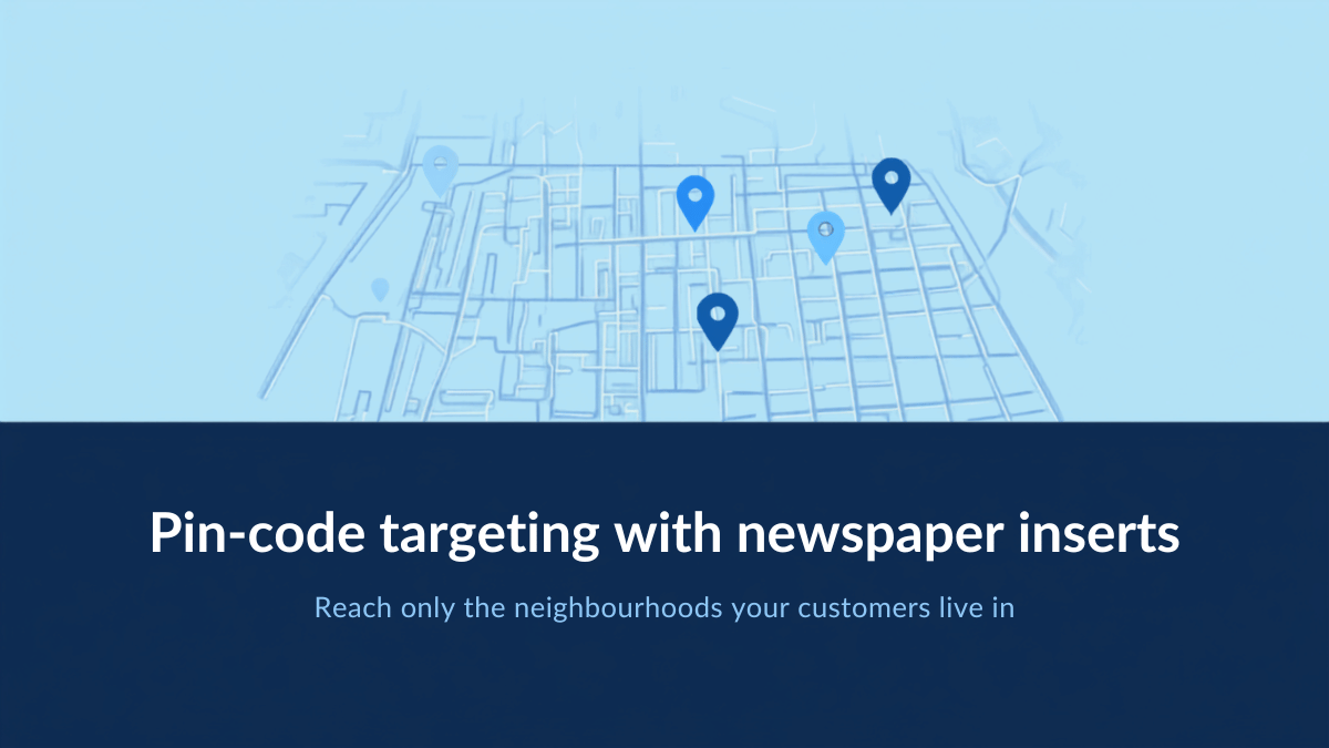Illustration of a light blue city street map with location pins above a navy band carrying the title Pin-code targeting with newspaper inserts