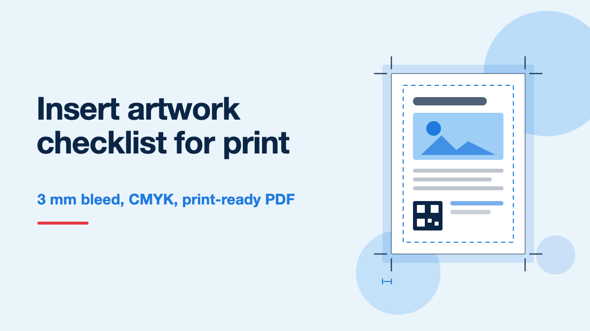 Illustration of an insert artwork sheet marked with crop marks, a bleed edge and a safe margin, beside the title Insert artwork checklist for print