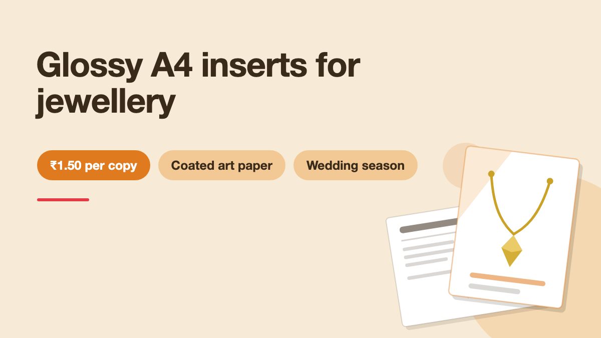Illustration of a gold necklace printed on a glossy A4 insert lying over an open newspaper, with the title Glossy A4 inserts for jewellery