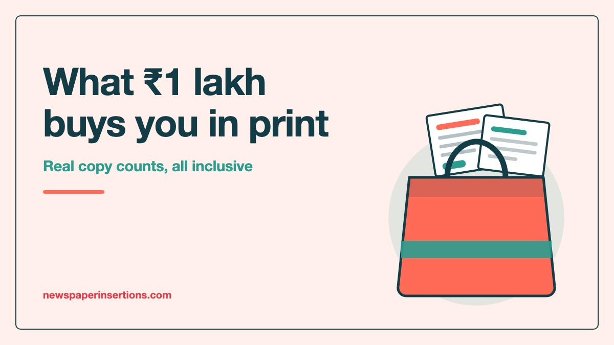 Illustration of a shopping bag with a newspaper insert tucked inside, beside the title What ₹1 lakh buys you in print