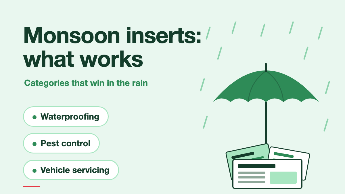 Illustration of an open umbrella sheltering a folded newspaper and inserts from rain, titled Monsoon inserts: what works