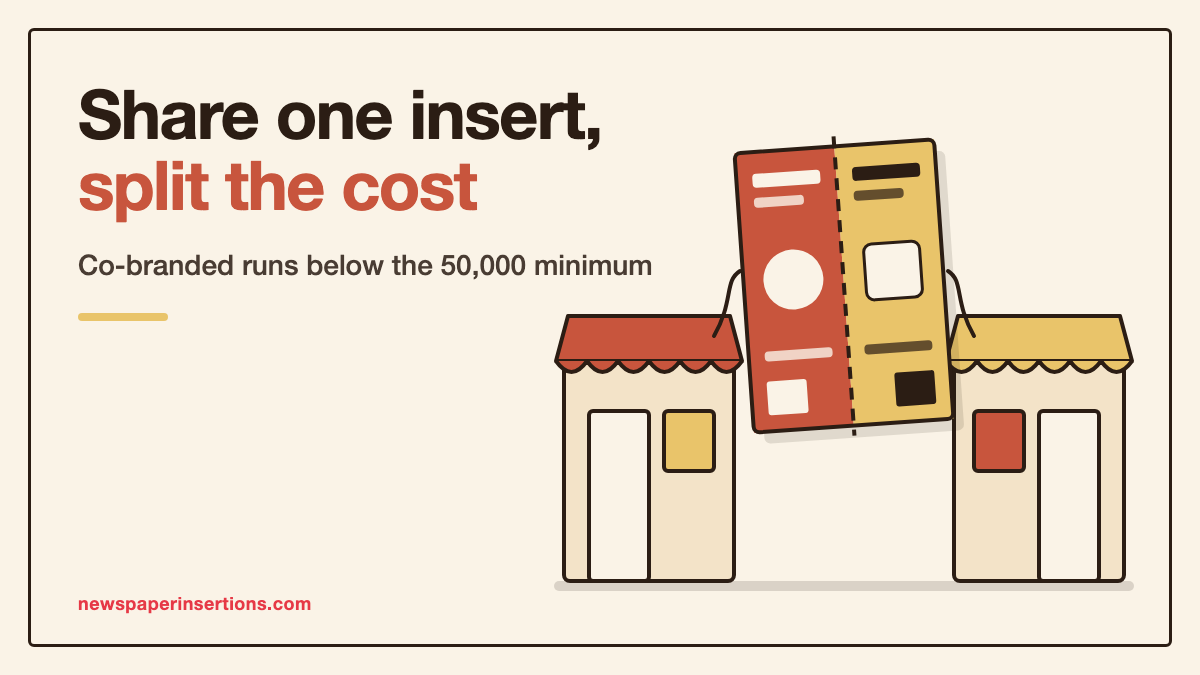 Illustration of two small shopfronts sharing one insert sheet split down the middle in terracotta and mustard, titled Share one insert, split the cost