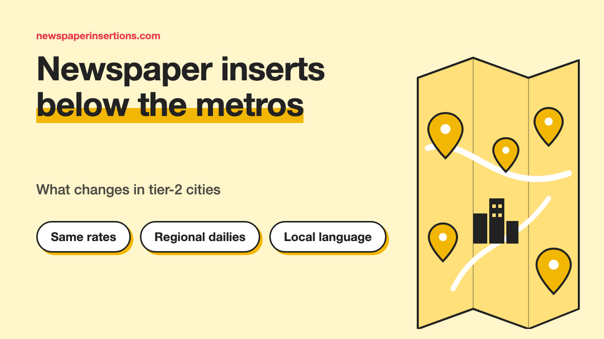 Illustration of a map with pin-code markers spreading out from a small city skyline, titled Newspaper inserts below the metros