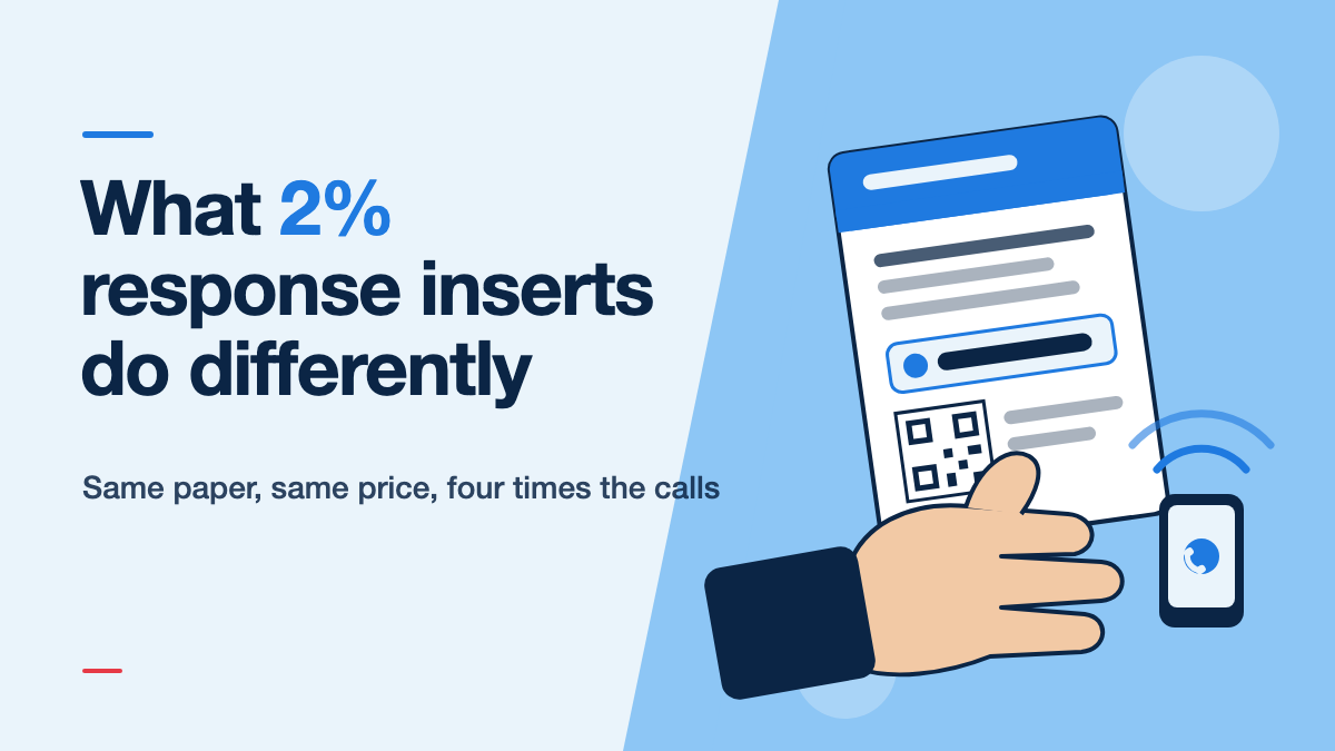 Illustration of a hand holding a newspaper insert with a phone number and QR code while a phone rings beside it, titled What 2% response inserts do differently